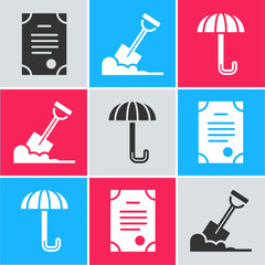 Sticker - Set Death certificate, Shovel in the ground and Umbrella icon. Vector