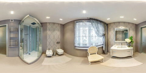 Sticker - white seamless 360 hdr panorama in interior of expensive bathroom in modern flat apartments with bidet and washbasin in equirectangular projection with zenith and nadir. VR AR content