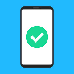 Poster - Smartphone and check mark. Approve button on mobile phone screen. Checkmark, tick. Vector illustration