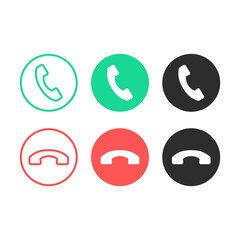 Poster - Phone call icons. Black, red and green accept phone call and decline buttons. Flat and line design. Answering concept. Mobile phone interface vector icons set
