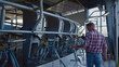 Farmer walking milking equipment rear view. Livestock worker check milk suction