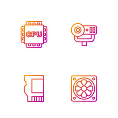 Poster - Set line Computer cooler, SD card, Processor with CPU and Web camera. Gradient color icons. Vector