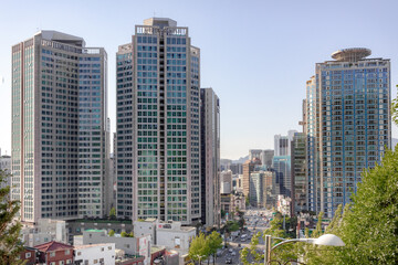 Wall Mural - Seoul South Korea city building skyline view from Namsan mountain on a clear day