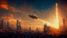 Spectacular Scene Of A High-rise Building's Top Rising Above The Clouds, With A Spaceship Flying Above A Futuristic Fantasy Cityscape. Digital Art 3D Illustration.