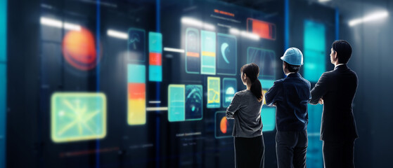 Poster - Engineer group looking at data screen. Wide image for banners, advertisements.
