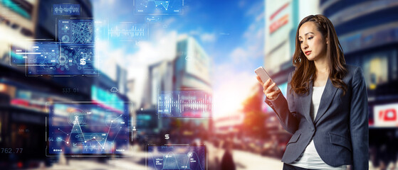 Poster - A woman using a smartphone and a network concept. Wide image for banners, advertisements.