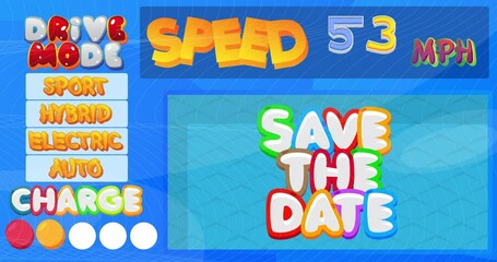 Poster - Cartoon Car Dashboard with Save The Date Text. Digital Graphical User Interface Animation.