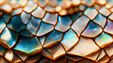 Closeup spectacular snake skin abstract crystal metal mineral texture stone colorful pattern iridescent and shiny scale background. Digital art 3D illustration. High resolution.