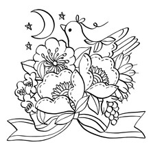 Bird Flower Black White Line Art Decorative Illustration