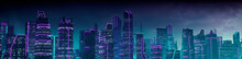 Cyberpunk Cityscape With Purple And Cyan Neon Lights. Night Scene With Futuristic Skyscrapers.