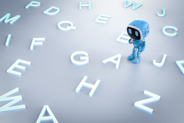 Wall Mural - Machine learning concept with small robot and alphabets