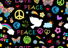 Colorful Peace Sign And Symbols Seamless Wallpaper And Gift Wrapping On Black Background.