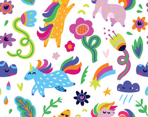 Wall Mural - Seamless pattern with unicorns, flowers and clouds. Vector illustration