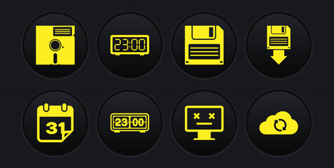 Poster - set calendar, floppy disk backup, retro flip clock, dead monitor, and digital alarm icon. vector