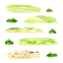 Green Grass, Sandy Ground Watercolor Illustration Set. Lush Grass Landscape Grass Element. Fresh Herbs And Natural Plants Floral Illustration Bundle