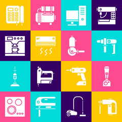 Wall Mural - Set Rotary hammer drill machine, Blender, Electric, Computer monitor, Air conditioner and Coffee and cup icon. Vector