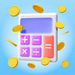 Poster - 3D Modern Calculator with Golden Coins Isolated. Mathematics Icon. Financial Math Device with Money. Counting Budget and Savings Concept. Cash and Taxes, Financial Management. Vector Illustration