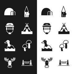 Canvas Print - Set Indian teepee or wigwam, Hockey helmet, Igloo ice house, Wooden log, Flying duck, Mushroom, Capilano Suspension Bridge and Moose head with horns icon. Vector