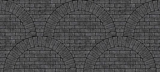 Wall Mural - Brick wall texture with circular arches. Black and white vector seamless pattern from light grey hand drawn hatched tiles