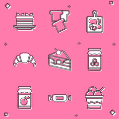 Wall Mural - Set Cake, Bread toast, Cutting board, Croissant, Piece of cake, Jar honey, Jam jar and Candy icon. Vector