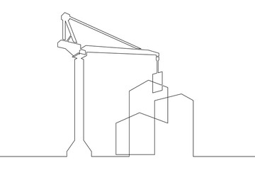 Poster - One continuous line.Womens shoes.Construction of multi-storey buildings. Tower crane. Construction of city houses. Construction cranes.One continuous line is drawn on a white background.