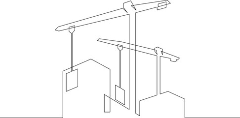 Poster - One continuous line.Womens shoes.Construction of multi-storey buildings. Tower crane. Construction of city houses. Construction cranes.One continuous line is drawn on a white background.