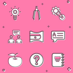 Poster - Set Light bulb, Drawing compass, Timing belt kit, Two sitting men talking, Pencil sharpener, Speech bubbles with Answer, Apple and Question icon. Vector