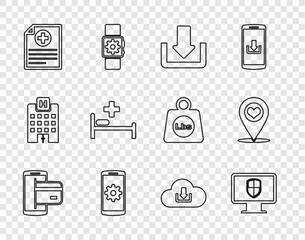 Poster - Set line NFC Payment, Monitor and shield, Download, Setting smartphone, Clinical record, Hospital bed, Cloud download and Map pointer with heart icon. Vector