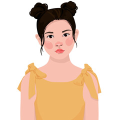 Wall Mural - young oriental teen girl. in a yellow sundress with bows. dark hair with hairstyle bunches. Avatar for a social network.  fashion illustration isolated on a transparent background