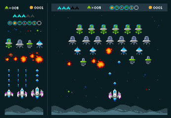 Poster - Pixel Art 8 bit arcade video game creator set with font alphabet, ufo aliens, space ships, rockets, explosion. Retro 8 bit computer game. Pixelated Space arcade elements template vector illustration