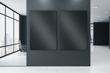 Poster - Modern new office corridor interior with glass windows and city view, concrete flooring and two blank black mock up posters on wall. Commercial and workplace, gallery concept. 3D Rendering.