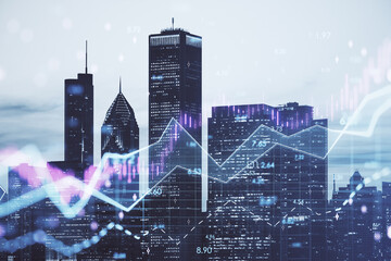 Wall Mural - Abstract daytime city backdrop with glowing candlestick forex chart with index and grid. Invest, trade, finance ans stock market concept. Double exposure.