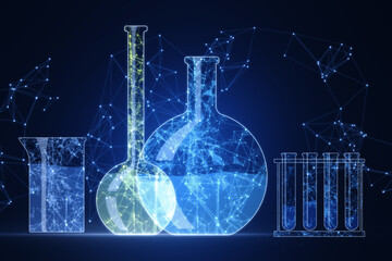 Blue scientific backdrop with low poly network and flasks. Genetic research. Genetic engineering. DNA genome. Modern medicine and biotechnology. Human cell biology. 3D Rendering.
