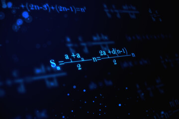 Wall Mural - Glowing mathematical formulas on blue backdrop. Education, knowledge and statistics concept. 3D Rendering.
