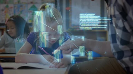 Poster - Animation of data over female teacher teaching to caucasian girl in classroom