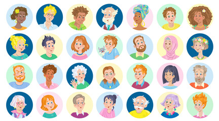 Sticker - Big set of avatar icons of happy people of different ages and characters and nationalities. In cartoon style. Isolated on white background. Vector flat illustration.