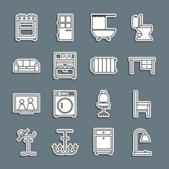 Poster - Set line Table lamp, Chair, Office desk, Bathtub with shower curtain, Kitchen dishwasher machine, Sofa, Oven and Heating radiator icon. Vector