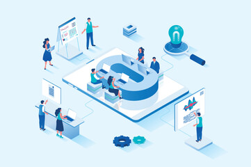 Wall Mural - Business meeting 3d isometric web design. People present report, discuss and analyze presentation data, generate ideas in brainstorming session and collaborate in company. Vector web illustration