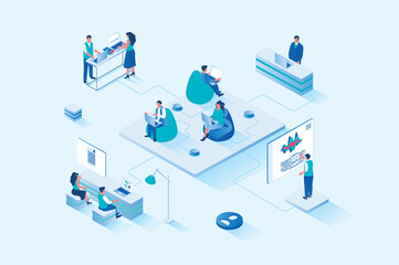 Poster - Coworking 3d isometric web design. People work on laptops in open office, discussing tasks and work together on project, communicate and collaborate, workspace of startup. Vector web illustration