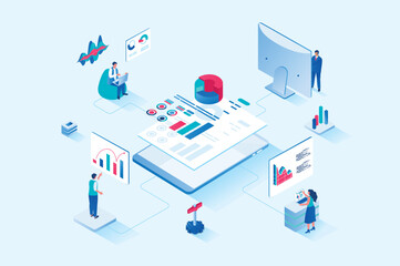 Data analysis 3d isometric web design. People work with charts, diagrams and graphs, make financial reports for company and business accounting, auditing and analytics. Vector web illustration