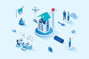 Aufkleber - Real estate 3d isometric web design. People work in real estate business, architects design new houses and draw blueprints, builders constructing, agents sell apartments. Vector web illustration
