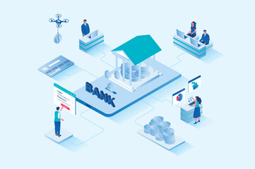 Fototapete - Mobile banking 3d isometric web design. People use online banking services, manage personal financial account, save money, receive interest on deposits and make transactions. Vector web illustration