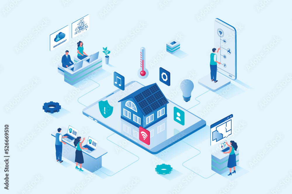 Smart home 3d isometric web design. People monitor and control sensors ...