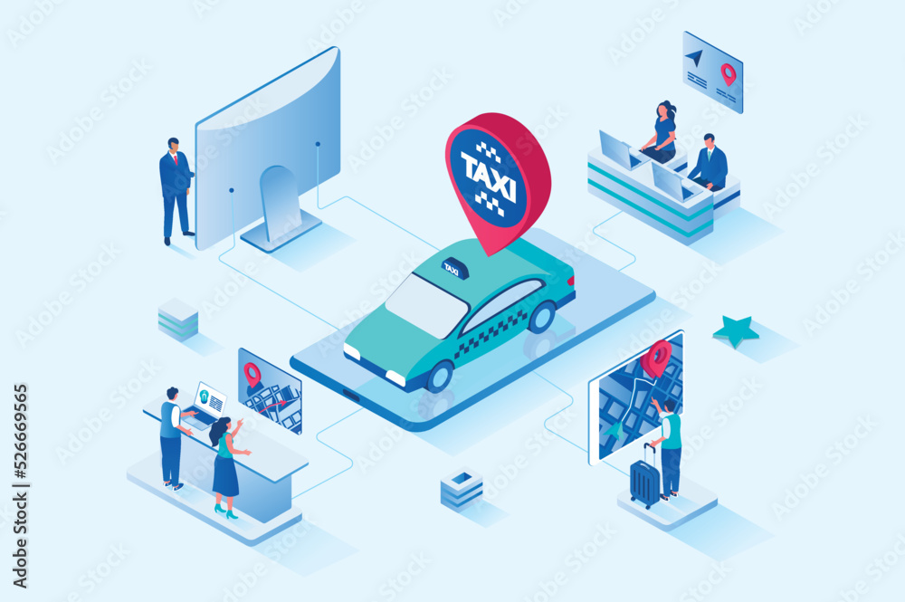 Taxi service 3d isometric web design. People calling taxi, booking car ...