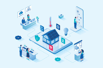 Aufkleber - Smart home 3d isometric web design. People monitor and control sensors in house from mobile application, set up sensors for temperature, lighting, security systems and other. Vector web illustration