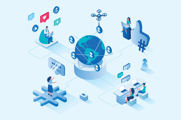 Fototapete - Social network 3d isometric web design. People communicate online with community of friends, view virtual content, like and comment on posts, browsing and online chatting. Vector web illustration