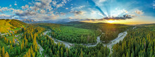 Sunrise Over River In Tatras Mountains. Aerial Drone Panoramic View