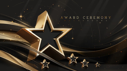 award ceremony background with 3d gold star and ribbon element and glitter light effect decoration.