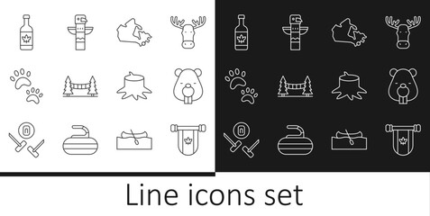 Wall Mural - Set line Pennant Canada, Beaver animal, map, Capilano Suspension Bridge, Paw print, Beer bottle, Tree stump and Canadian totem pole icon. Vector