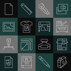 Sticker - Set line Printer ink cartridge, Copy machine, Stationery knife, T-shirt, Picture landscape, Empty document and Plotter icon. Vector